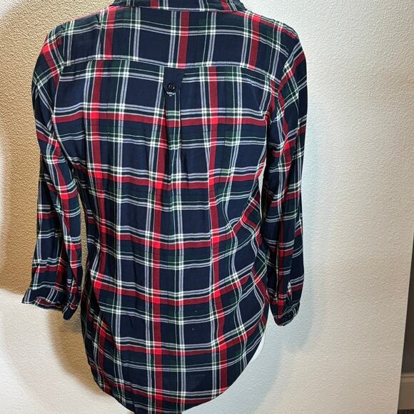 Market & Spruce Plaid Popover Top Women’s L Navy Red Long Sleeve 100% Rayon - Picture 2 of 6
